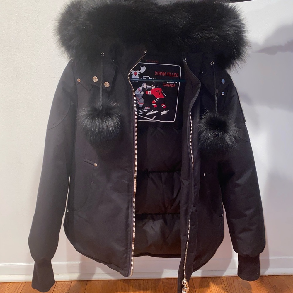 Moose Knuckles 3q Black Down Jacket Parka with Fox Fur Trim, Canada Womens Sz. M